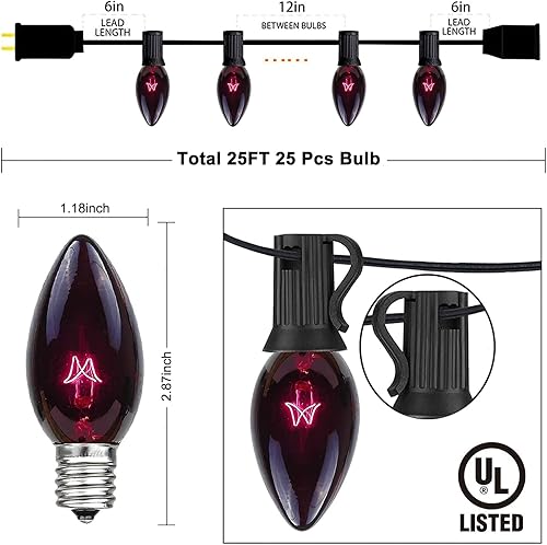Miniatura 3 de Abeja Luces de Cadena Negras C9, Luces Vintage de Halloween de 25 Pies con 26 Bombillas de Luz Negra Púrpura (1 de Repuesto), Luces de Cadena