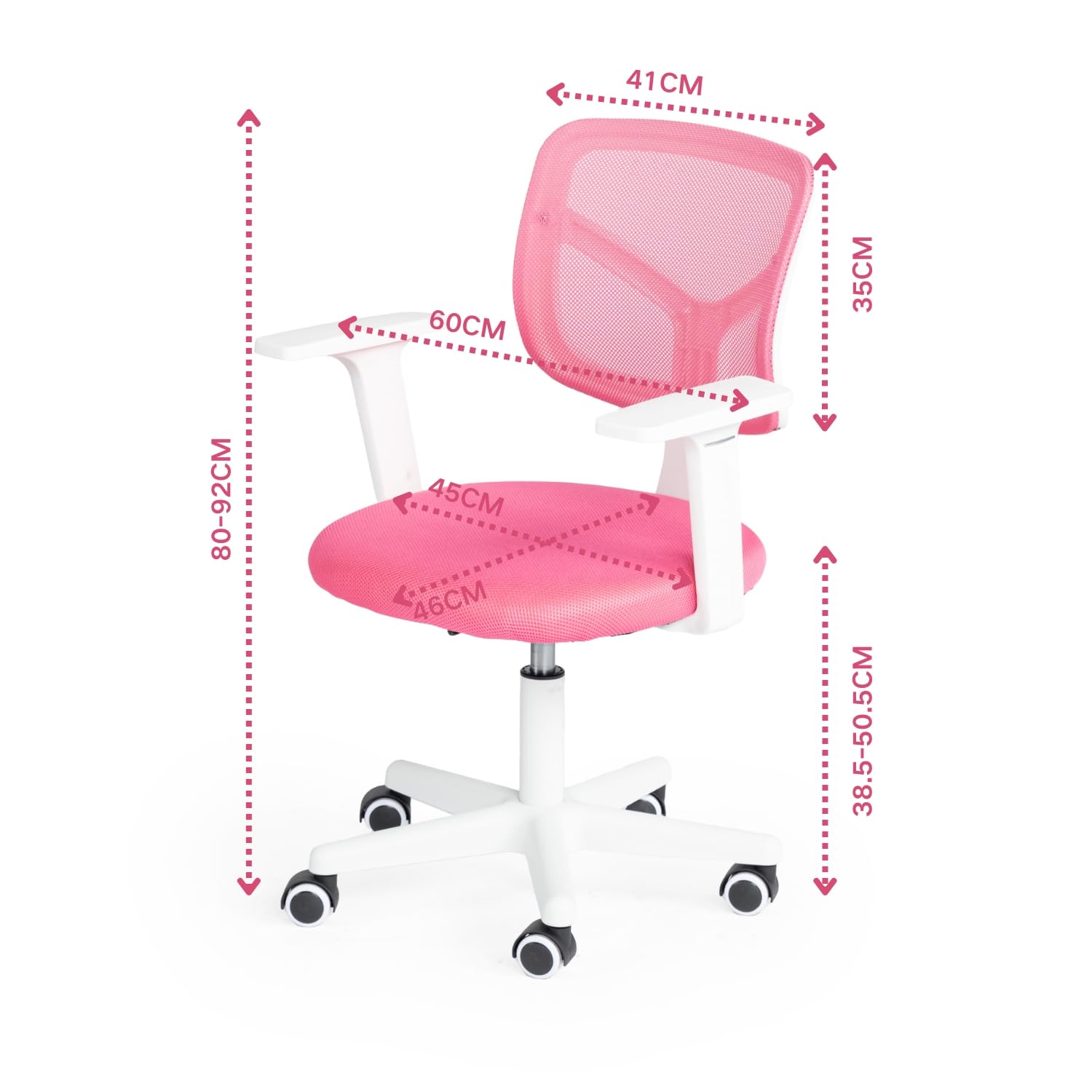 FurnitureR Chaise de Bureau pour Enfants, Chaise D'ordinateur pour Jeunes/Adolescents avec Maille Respirante, Pivotante Seat D'étude Réglable en Hauteur avec Accoudoirs, Rose 50 x 53 x 87cm
