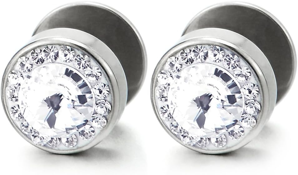 Mens Stud Earrings Stainless Steel Illusion Tunnel Plug Screw Back with Cubic Zirconia, 2pcs