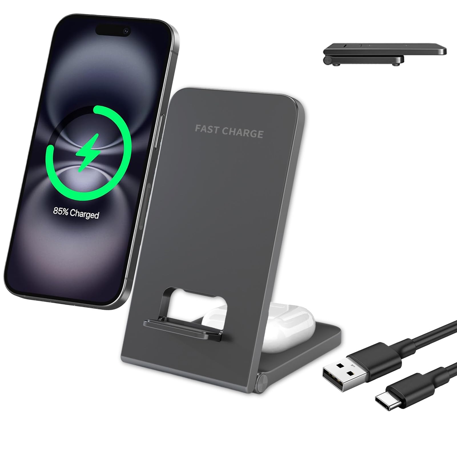 2 in 1 Faltbare Wireless Charger Stand, Induktive Ladestation Kabelloses Handy Ladegerät für iPhone 16 15 14 13 12 11 Samsung Galaxy S25 Ultra S24 S23 S22 S21 S20 Google Pixel 9 Pro 8 7 AirPods 4/3