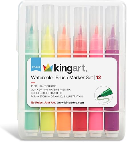 KINGART 405-12 marcadores de acuarela con punta de pincel con estuche, 12 colores, barril ancho para una fácil sujeción, tinta no tóxica a base de