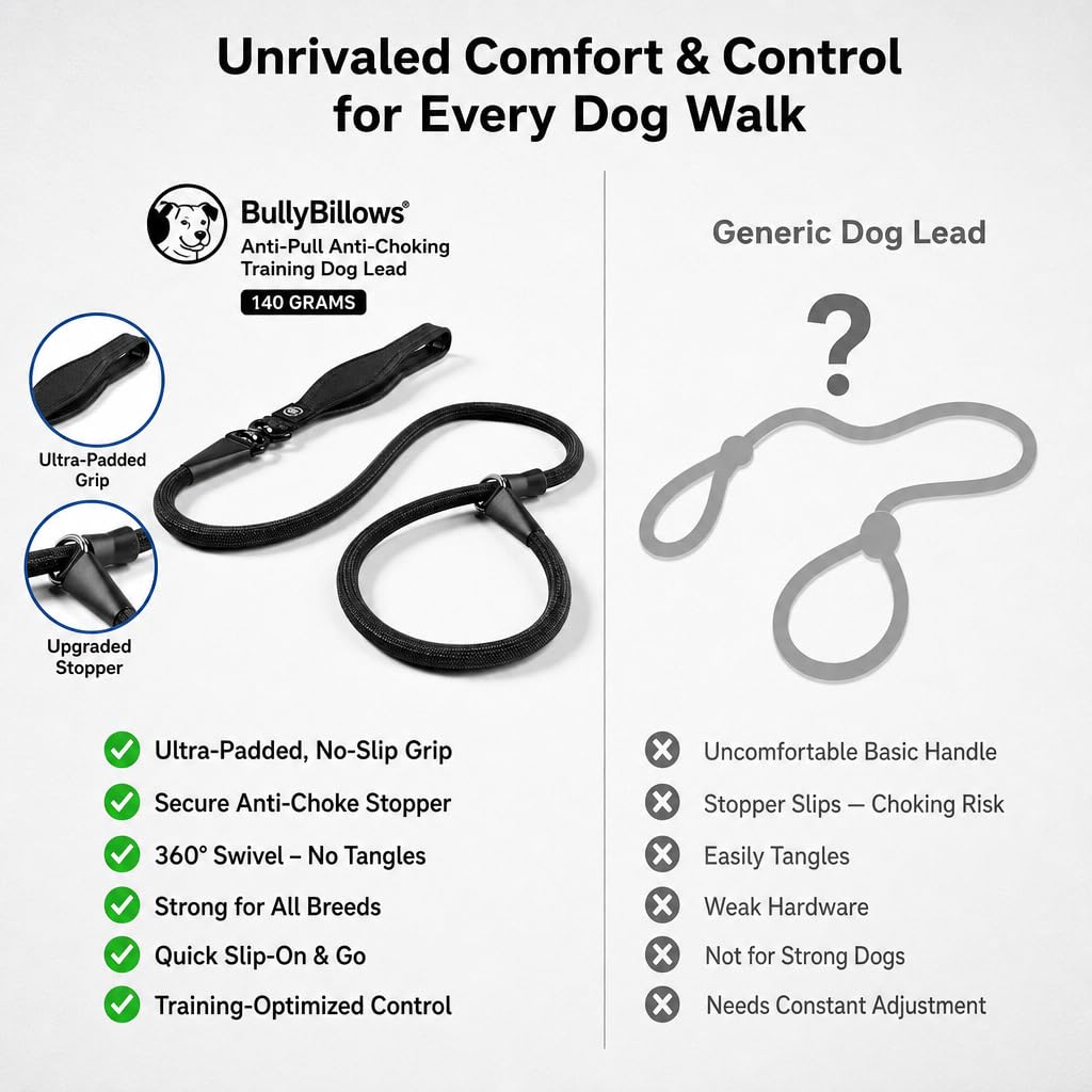 BullyBillows Guinzaglio da addestramento per cani |Dog Lead | Antistrappo e Antisoffocamento | 1,4 m con luce attiva | Materiali di alta qualità | Per cani forti e di tutte le razze |Nero