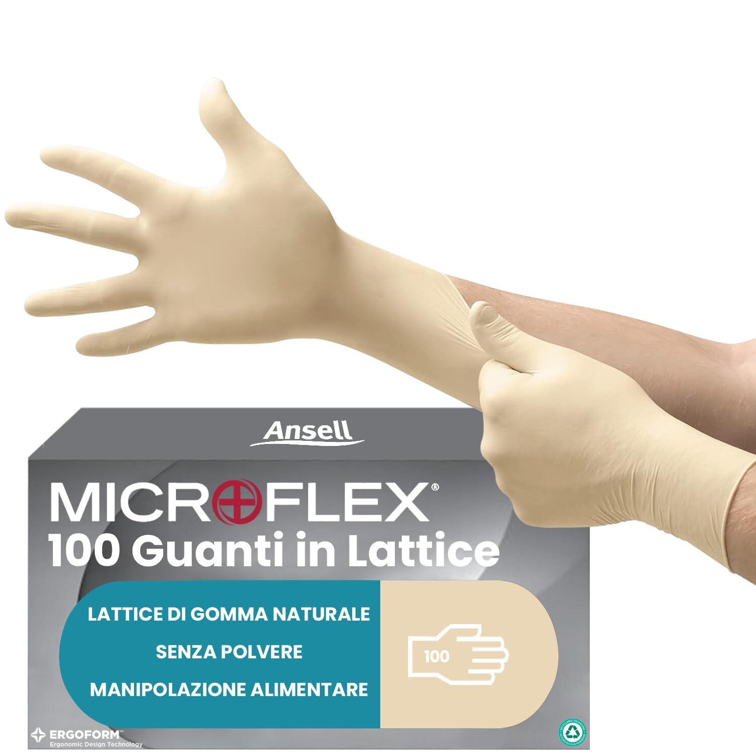 Ansell MicroFlex 63-864 Guanti Monouso in Lattice, Senza Polvere, Protezione Multiuso per Usi Alimentari, Domestici e Professionali, Lattice di Gomma Naturale, Bianco, Taglia M (100 Guanti)