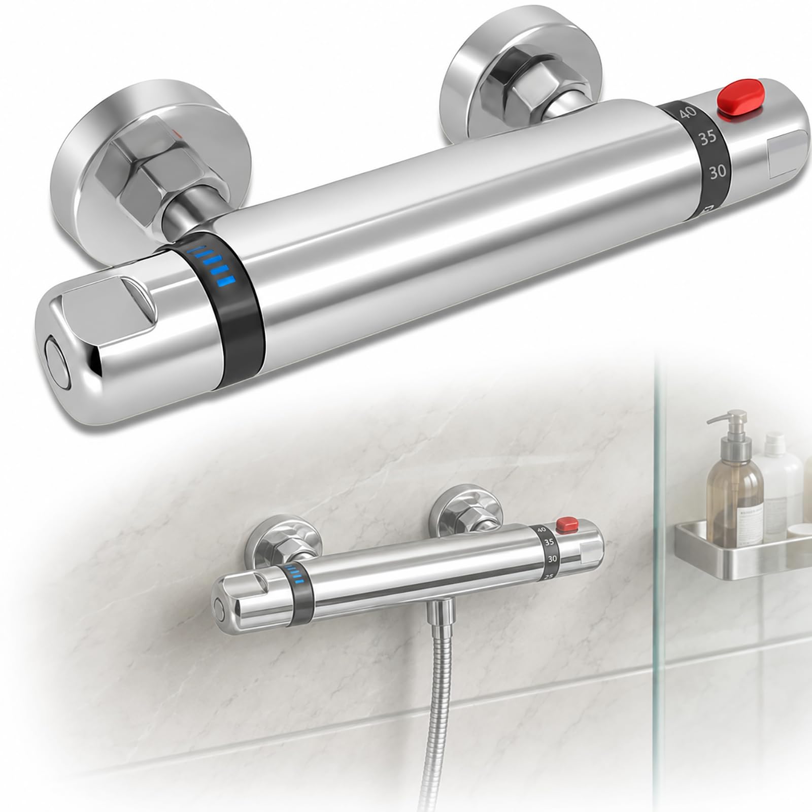 Grifo Ducha Termostático con Botón de Seguridad 38°C para Baño Moderno G1/2 | Cuerpo de latón cromado con conexión G1/2; mantiene una temperatura constante y ayuda a prevenir cambios bruscos y quemaduras