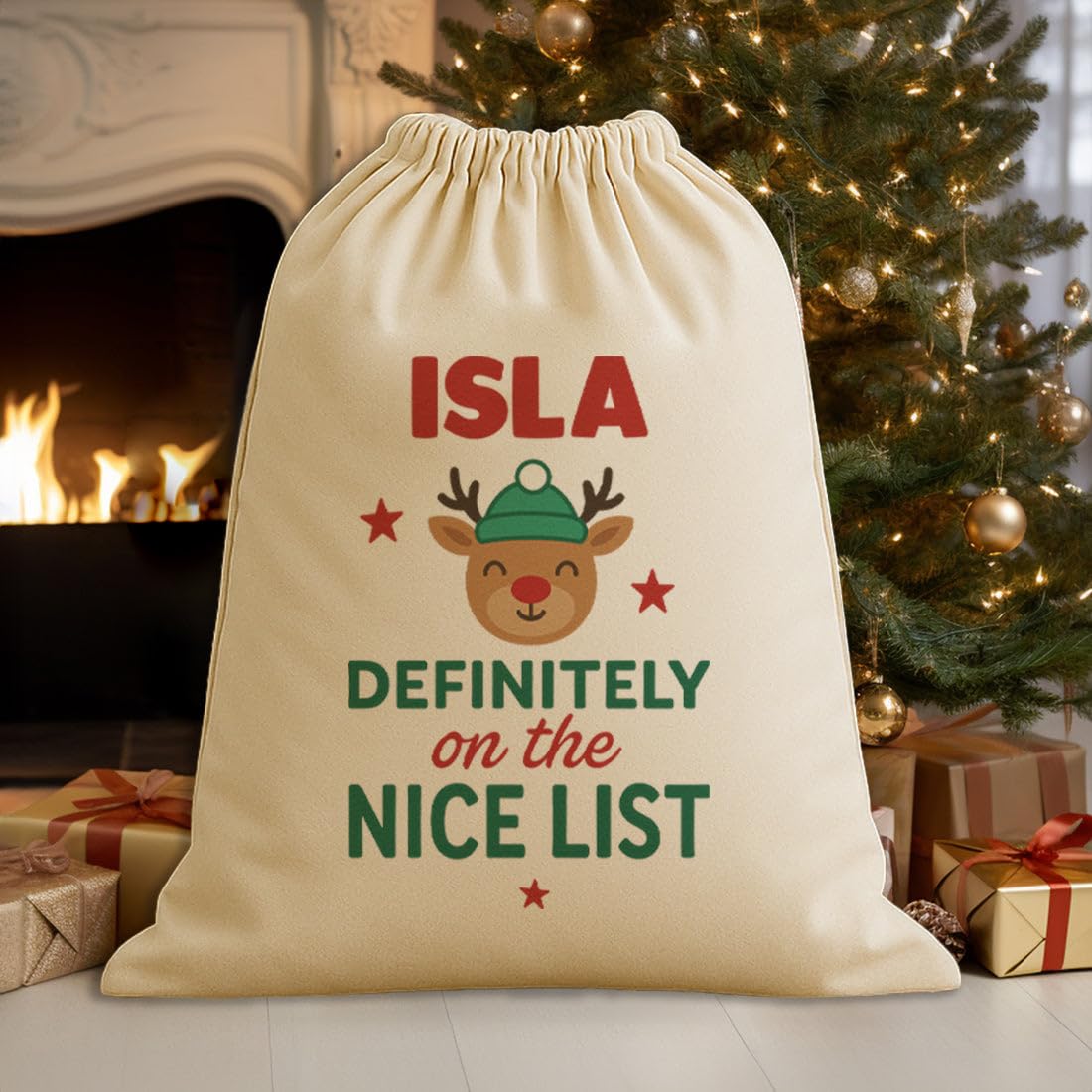 The Gift Project Biege Personalised Name Is Definitely On The Nice List - Christmas Santa Sack