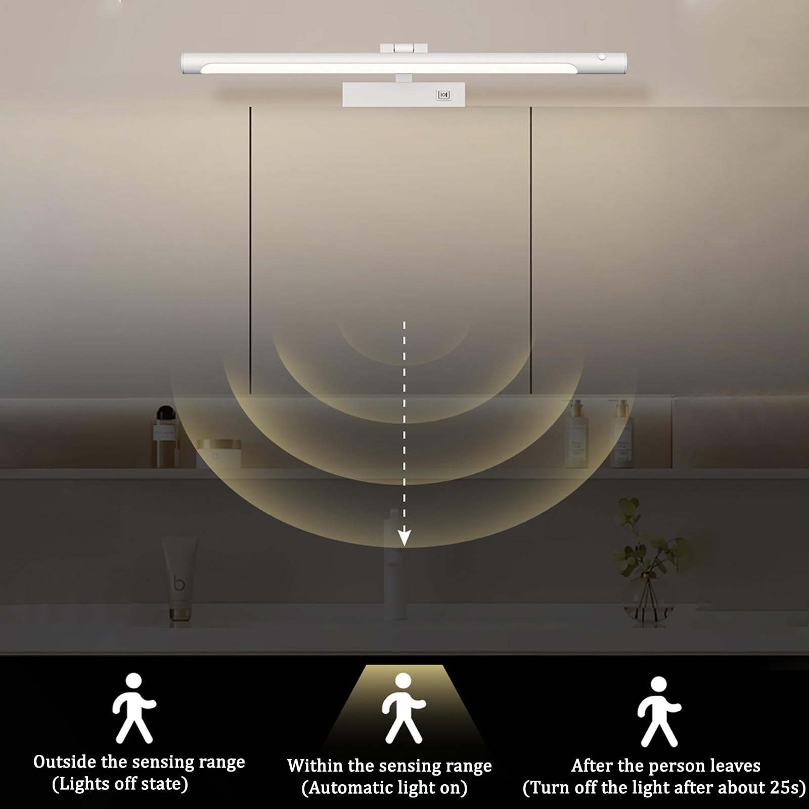 LED Spiegelleuchte Bad Wandleuchte mit Bewegungsmelder Modern Wandbeleuchtung 180° Drehung Wasserdicht Wandleuchten mit Schalter Badschrank Spiegelschrank Schminktisch (Weiß Weißes Licht,53cm)