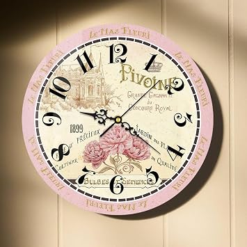 15 Inch Pink Paris French Wall Clock Battery Operated Silent for Bedroom | Floral Flowers Wall Clock, Vintage Decorative, Silent, Battery Operated, For Living Room Kitchen Bathroom French Decor