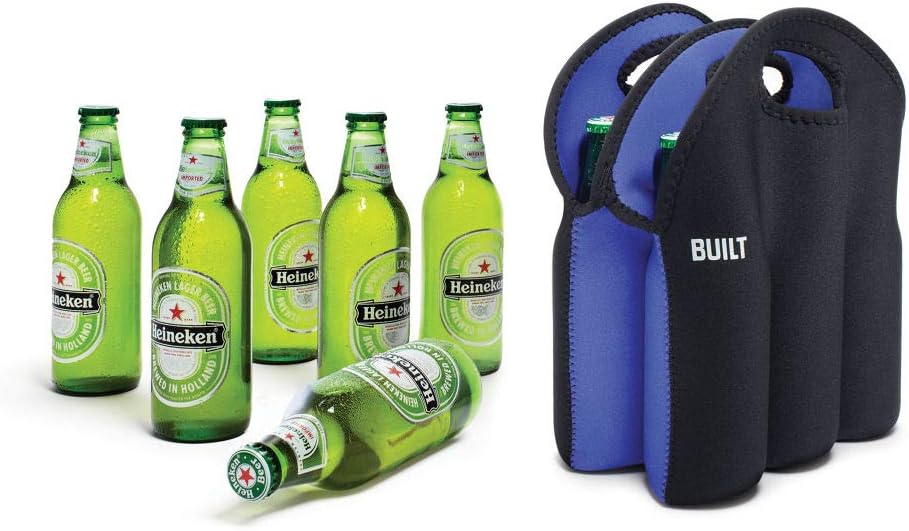 BUILT Six-Pack Soft-Grip Insulated Neoprene Beer Bottle Carrier Tote Black 6P-BLK