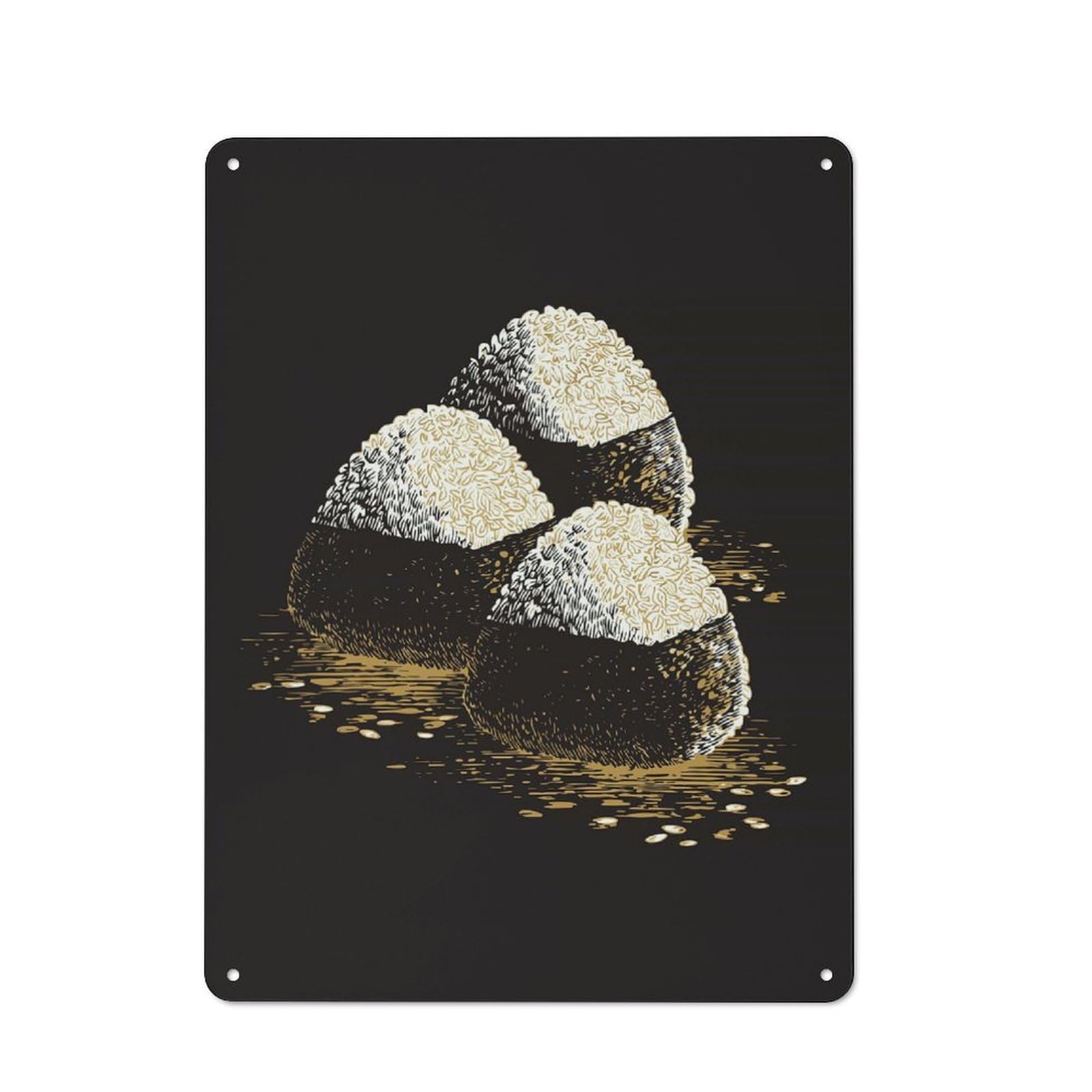 Junmoney Onigiri Illustration On Black Background Metal Wall Sign 40X30cm Featuring For Bar Or Restaurant, For Bar Decor Enthusiasts