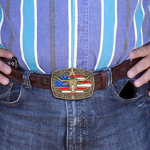 Image of Cowboy Belt Buckle for Men Western Cowgirl Rodeo Longhorn Bull Belt Buckles