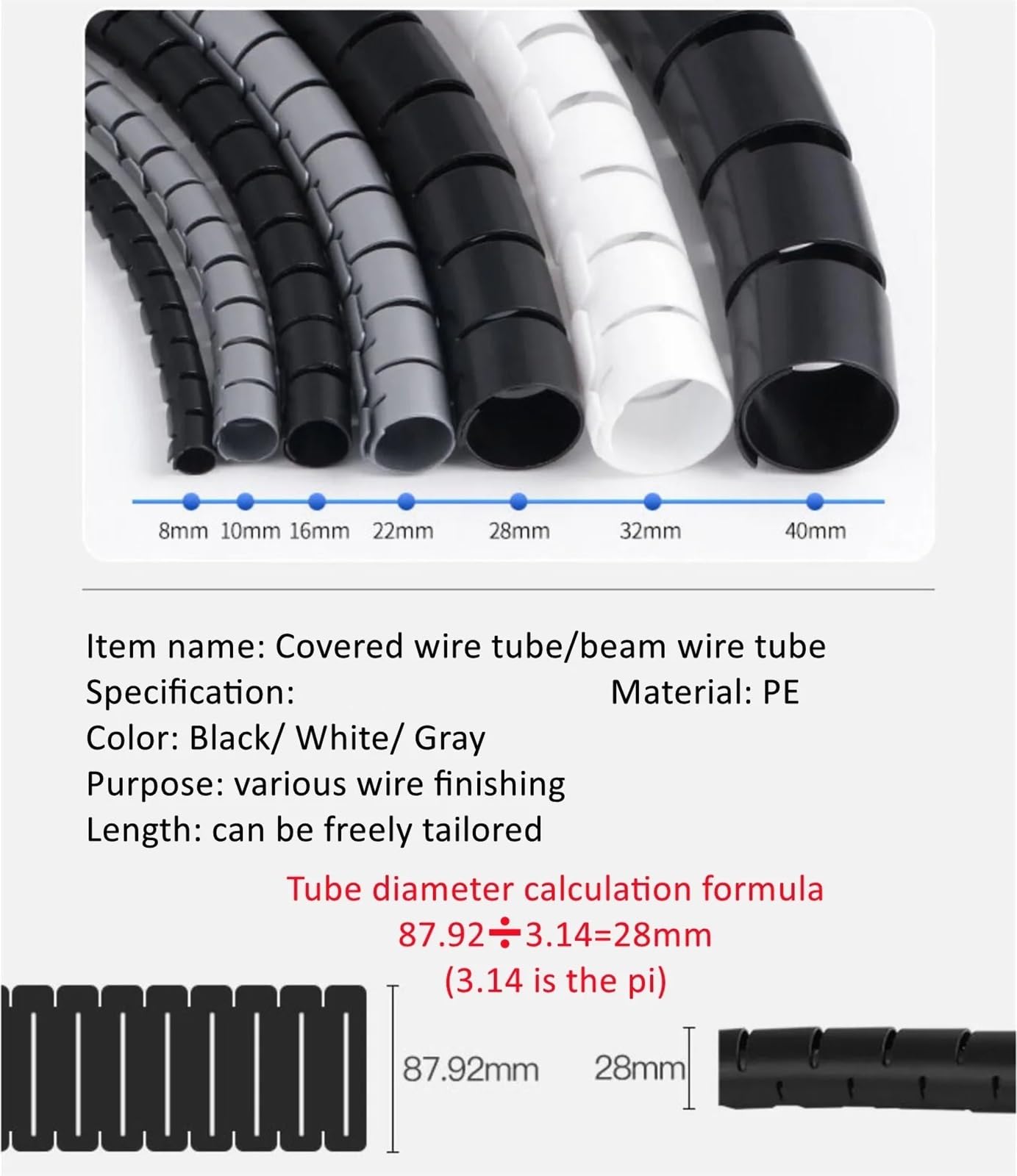 Organizador de Cables en Espiral Flexible, Protector Cable Almacenamiento, Tubo PE, 1/3/5/10 Metros, 8/12/16/22/28/32/42mm Pasacables Suelo(White,42 MM_10 Meters)