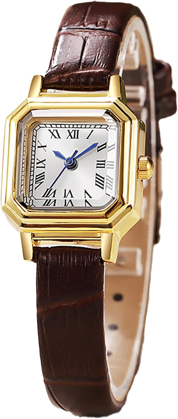 Womens Small Gold Watches Vintage Rectangular Analog Quartz Watch Leather Band Wrist Watch