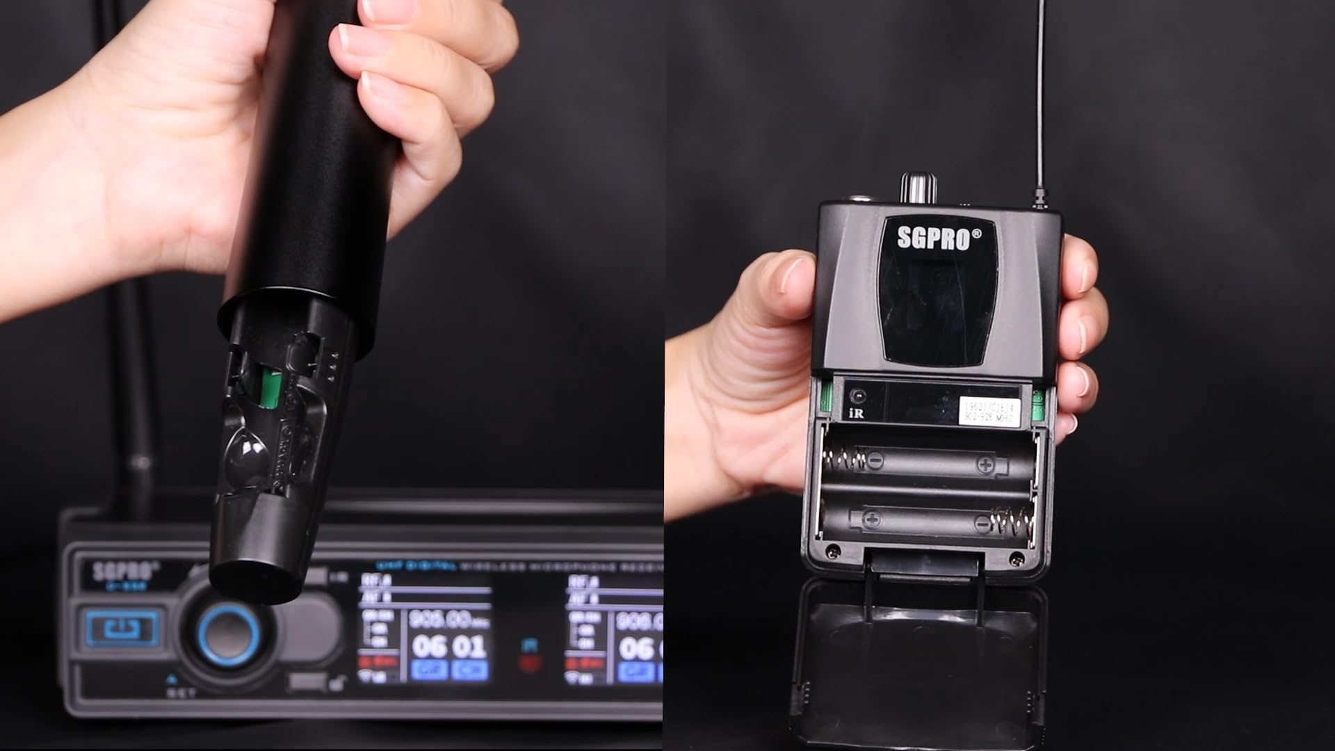 SGPRO D-332HB Dual UHF Wireless Microfono Sistema, Palmare e Bodypack | Microfoni palmari, indossati dalla testa e lavalier, karaoke, DJ, chiesa, aula, performance dal vivo e sistemi PA