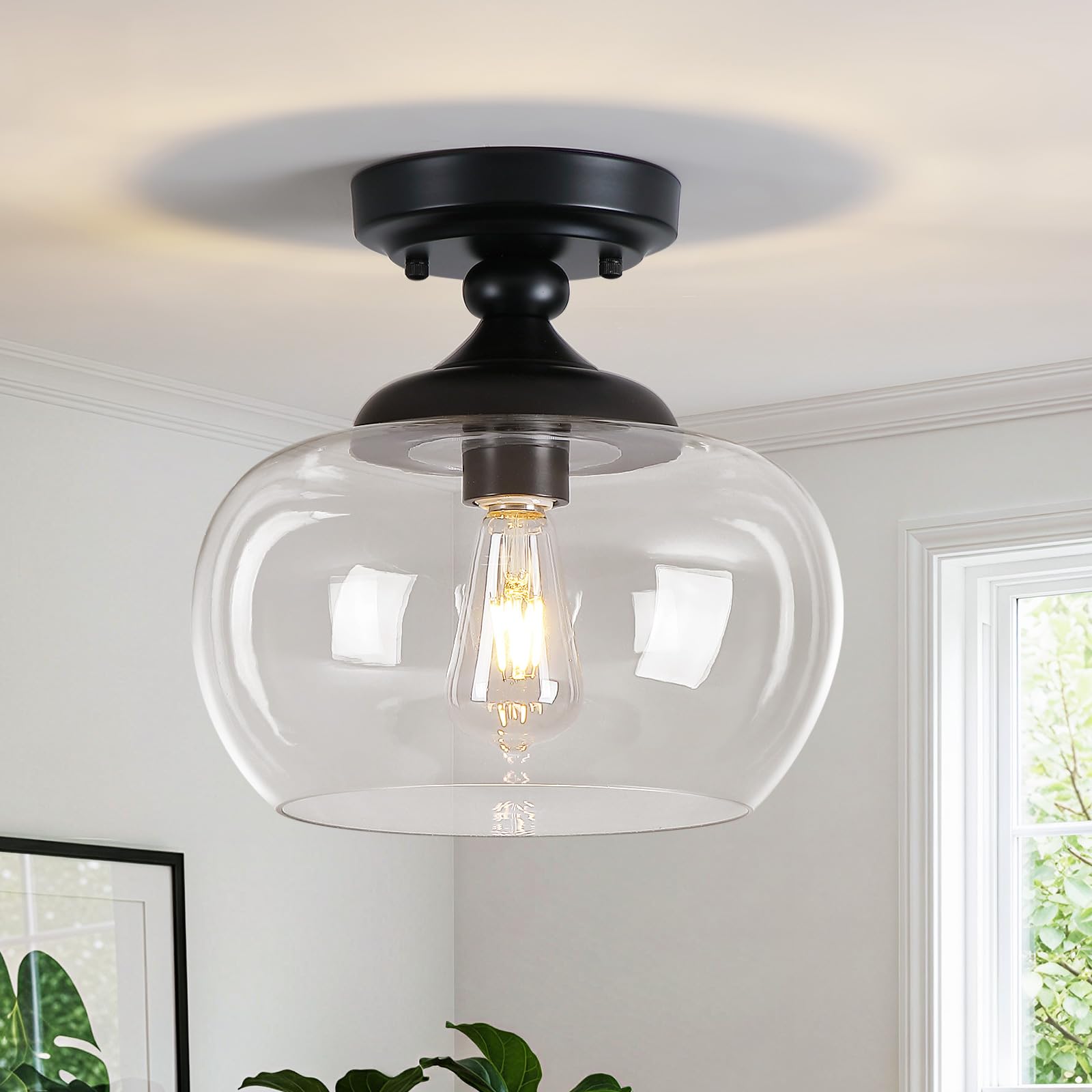Photo 1 of QHANTOMIZE Modern Semi Flush Mount Ceiling Light, 11.8" Black Ceiling Light Fixture with Clear Glass Shade, Industrial Farmhouse Ceiling Lamp for Entryway, Hallway, Kitchen, 1-Light E26 Base
