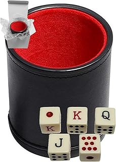 Cyber-Deals Set of Dice Cup Black PU Leather w/Plush Red Felt Lined + Spanish Poker Dice Ivory Tone (Gift Boxed)