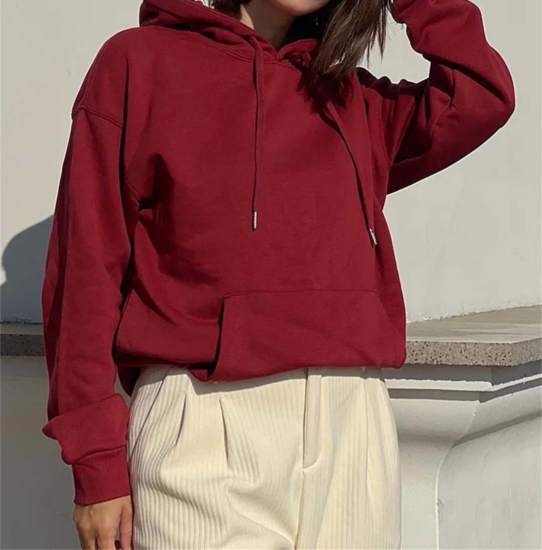 Fnfmrfmr Damskie solidne bluzy z kapturem oversize kieszeń na co dzień luźna bluza bawełniana długie rękawy sweter
