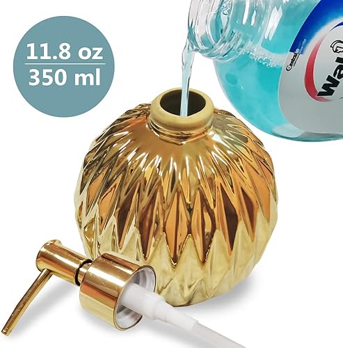 Miniatura 7 de Ceramics - Dispensador de jabón dorado para baño, dispensador de jabón redondo con delicado diseño de rombos en relieve (verde oscuro)