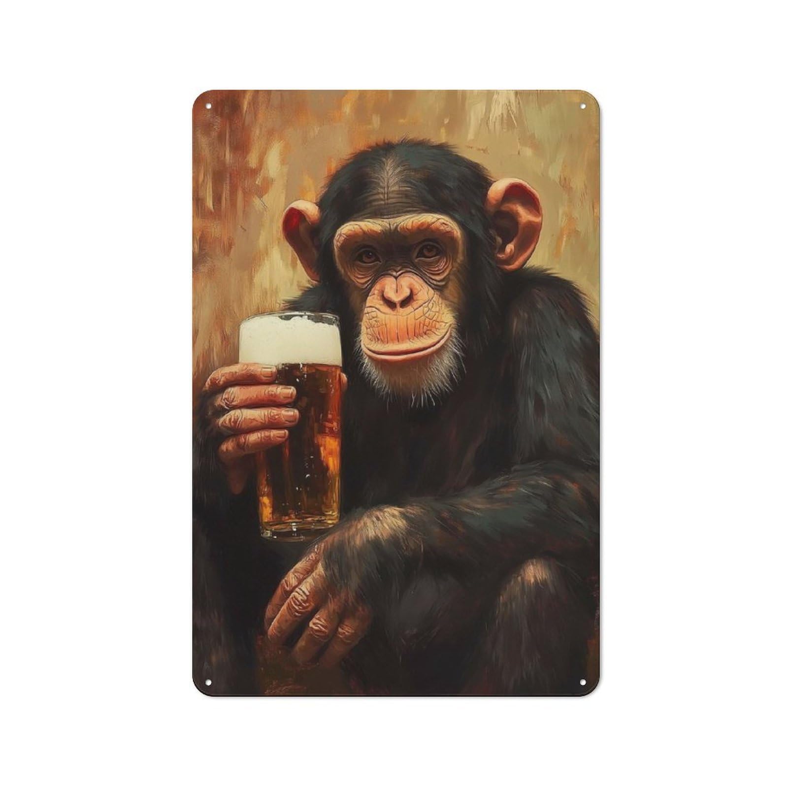 Junmoney Chimpanzee With Beer Rustic Metal Plaque 30X20cm For Lounge Or Reading Corner, For Home Office, Studio And Craft Room Walls