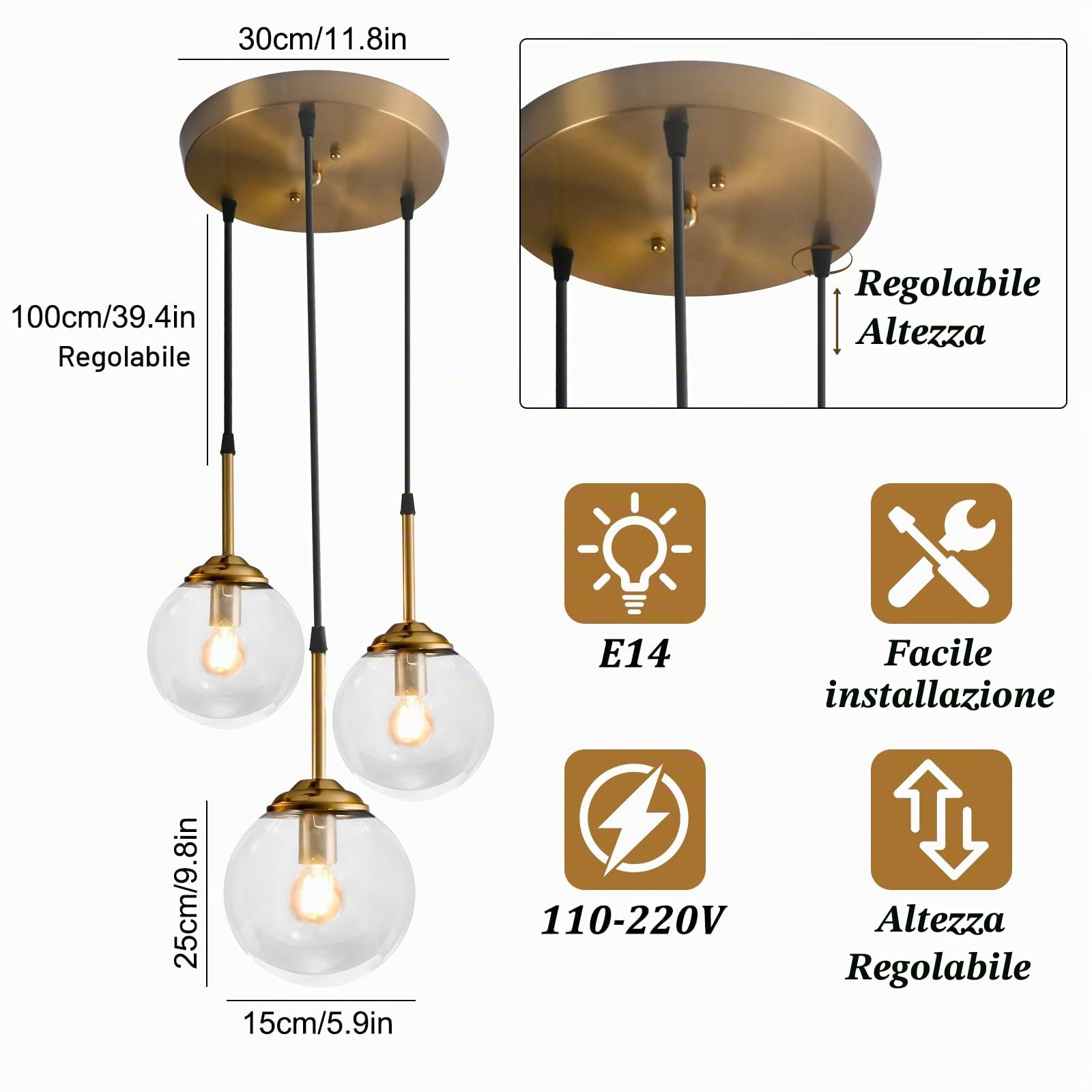 CONERY Lampadari a sospensione in vetro a 3 luci Lampadario in ottone dorato vintage Lampada a sospensione a sospensione a sfera regolabile E14 Lampadario a soffitto industriale per isola cucina