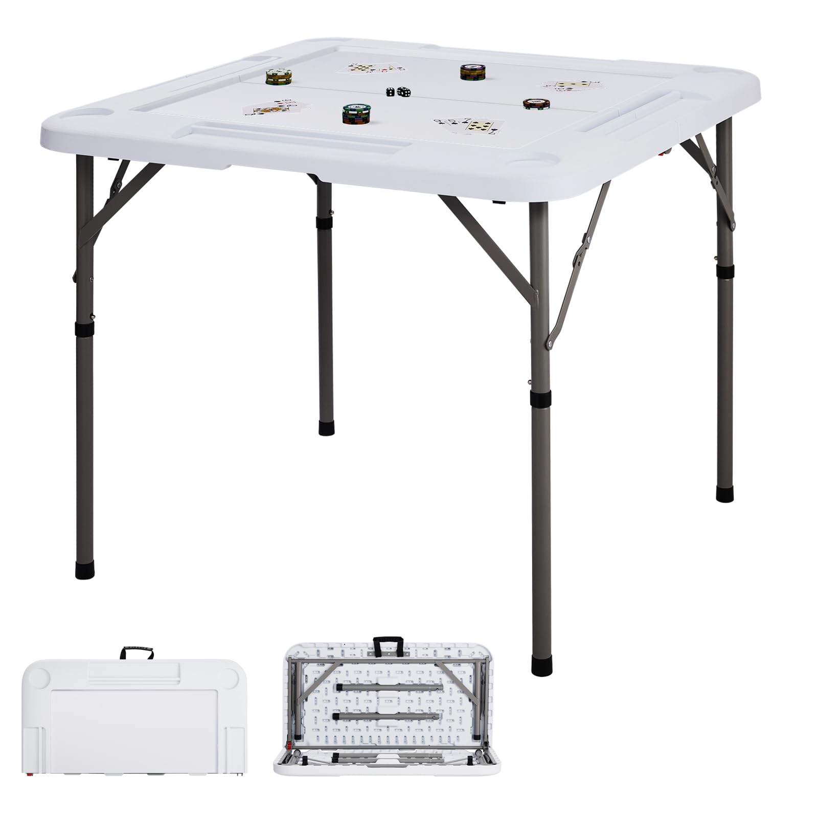 LALAHO 34-Inch Folding Mahjong Table, Portable Card Table with Cup Holders & Tile Slots, Easy-Clean Surface for Home or Game Nights, 86 x 86 x 74 cm (White)