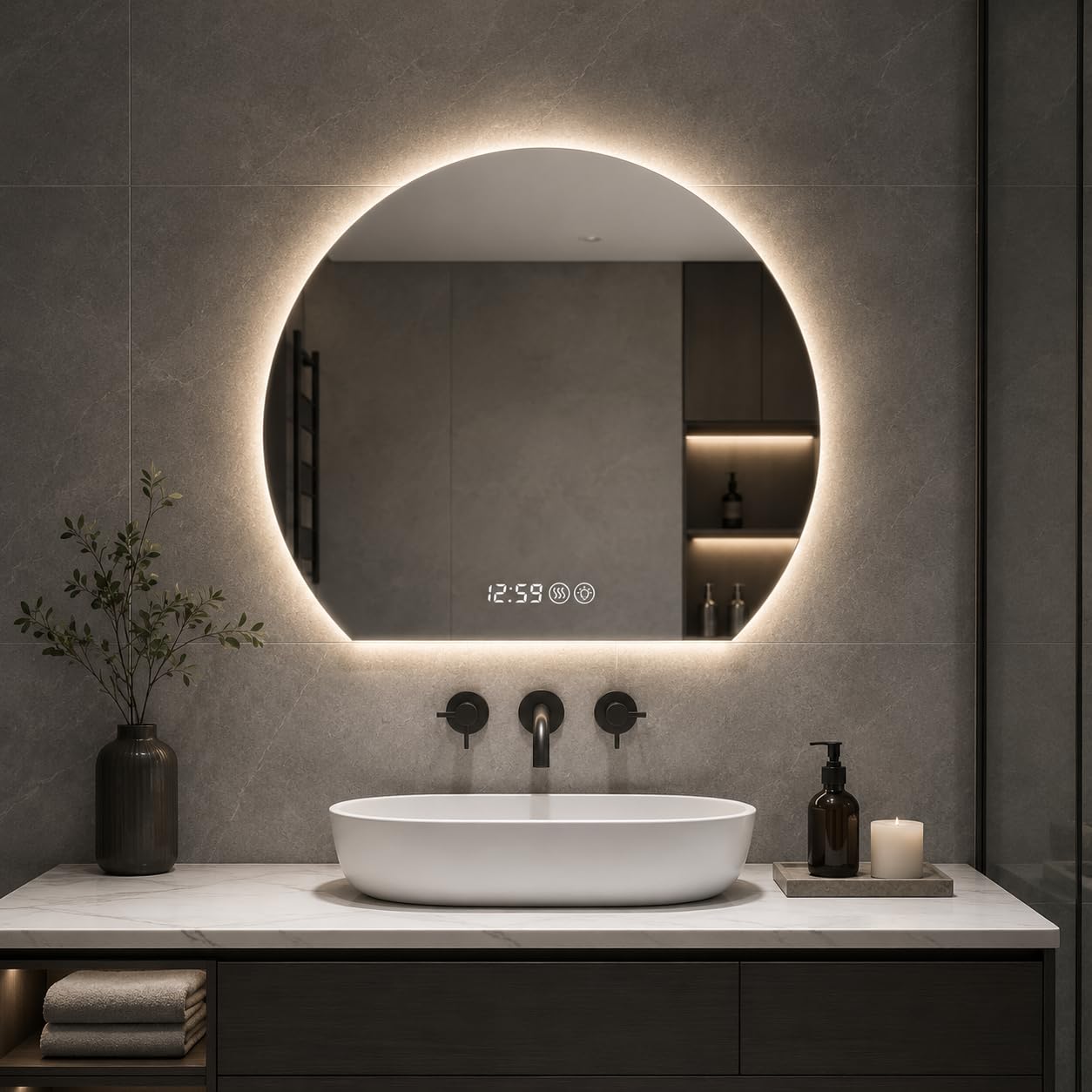 Gecheer LED-Badezimmerspiegel, 80 cm Durchmesser, integrierte Beleuchtung, dimmbar, 3 Farben (3000/4000/6000K), beschlagfrei, rund, für Make-up, Rasur, für Moderne Badezimmer, Schlafzimmer