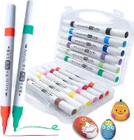 Marcadores de Tinta Premium, Conjunto de Marcadores Acrílicos Ponta Dupla, Ponta Média e Cinzel para Pintura de Tecidos, Pedras, Madeira, Tela, Cerâmica, Vidro, para Crianças e Adultos (12 cores USA)