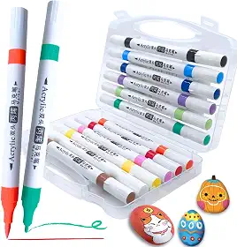 Marcadores de Tinta Premium, Conjunto de Marcadores Acrílicos Ponta Dupla, Ponta Média e Cinzel para Pintura de Tecidos, Pedras, Madeira, Tela, Cerâmica, Vidro, para Crianças e Adultos (12 cores USA)