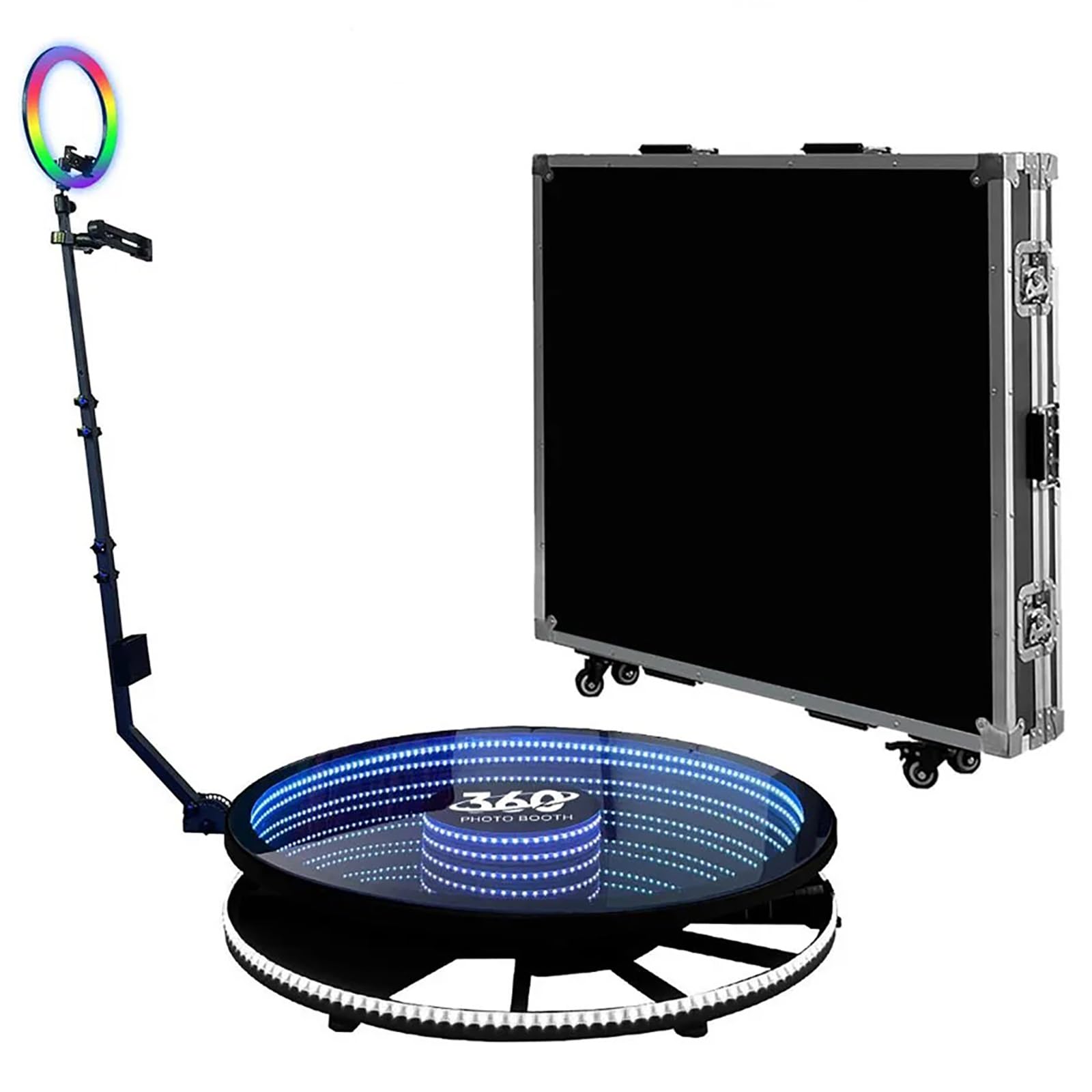 Photo Booth 360 con piattaforma per selfie, APP e telecomando, luce ad anello RGB, rallentatore automatico, cabina video rotante con custodia per matrimoni ed eventi