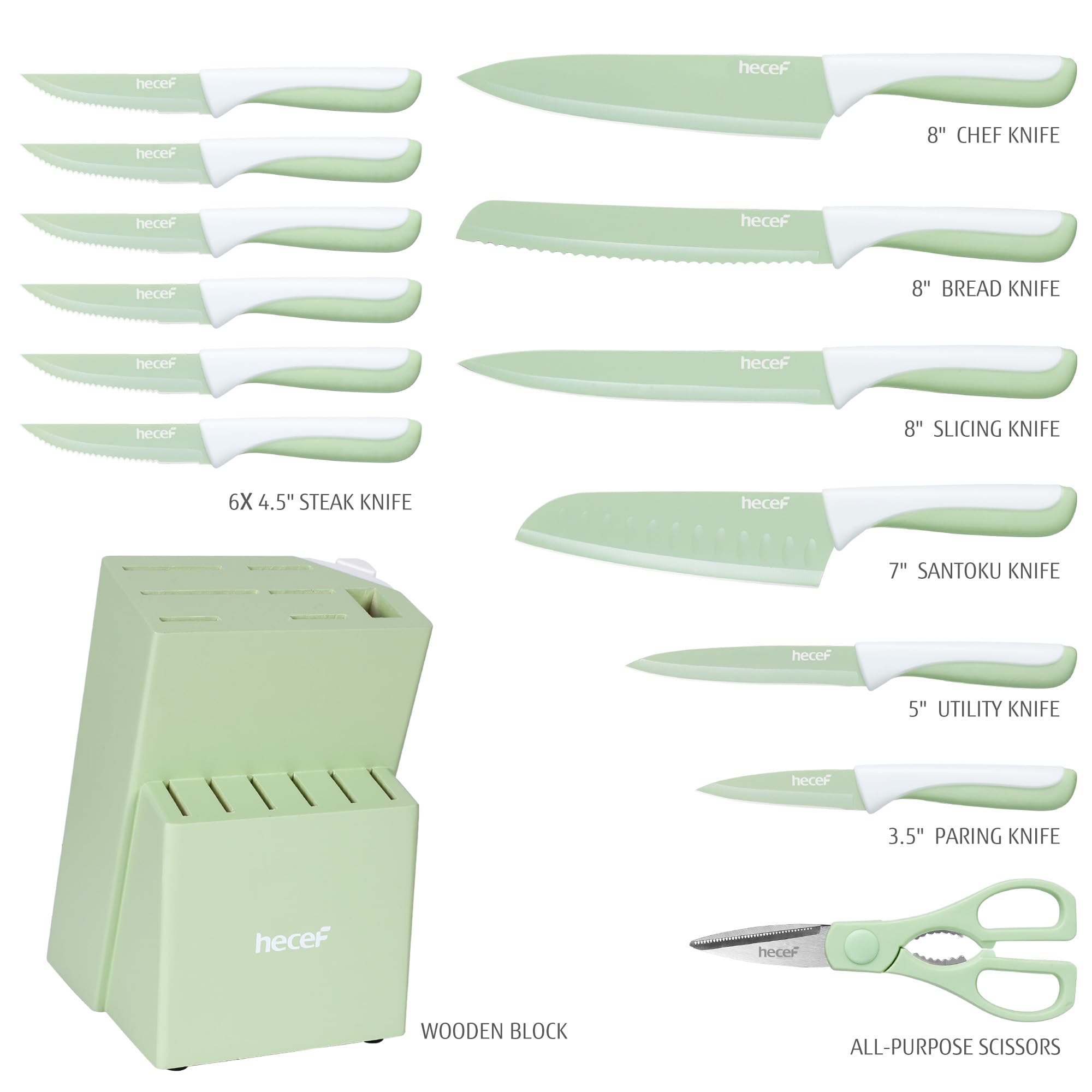 hecef 14‑teilig Messerblock mit Messer, Hellgrün, Antihaft‑Beschichtung – Spülmaschinenfest, Messerblock mit integriertem Schleifer, ergonomische Griffe, platzsparendes Küchenmesser Set für jede Küche