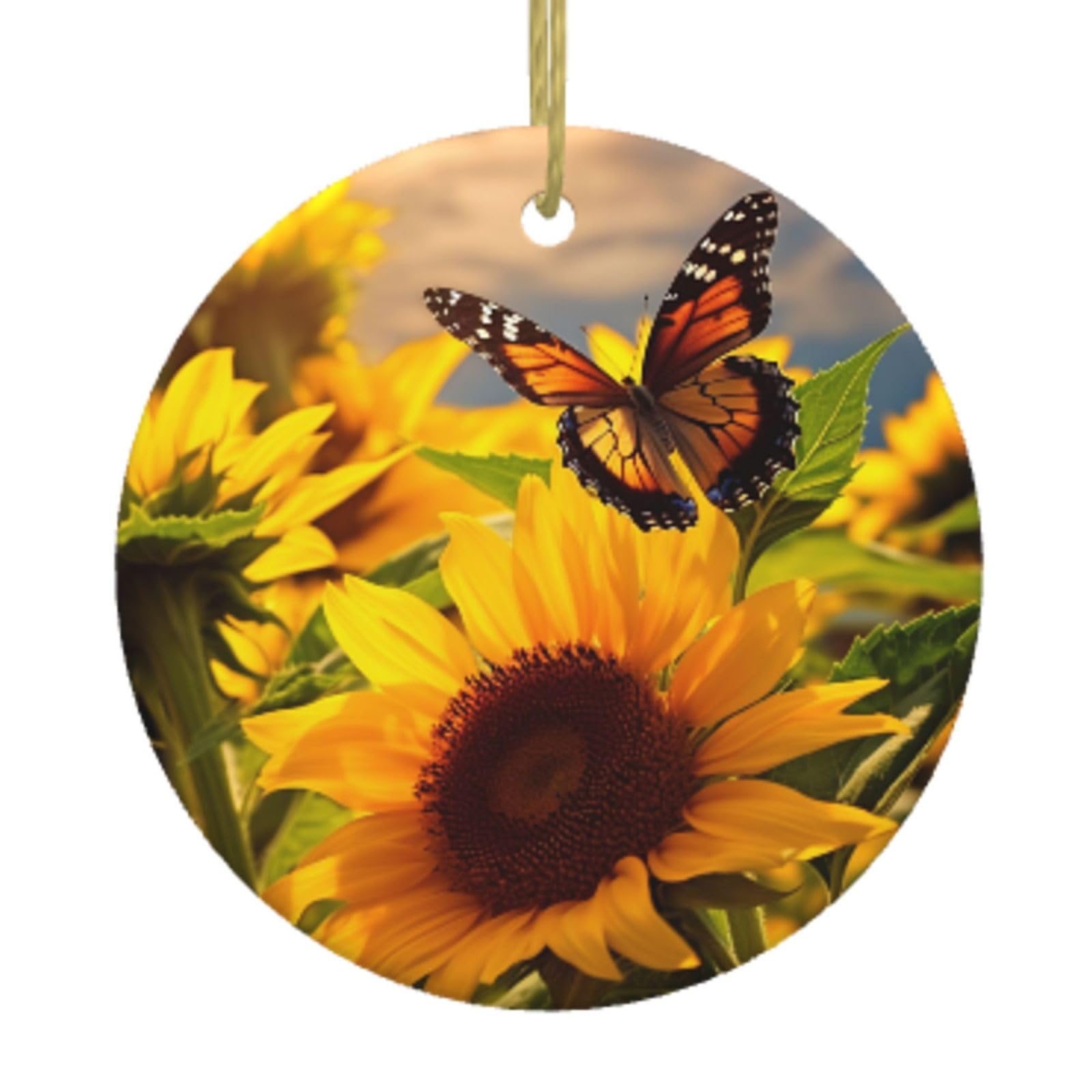 Ceramic Christmas Tree Hanging Ornaments with Gold Ropes Christmas Tree Decorations Round Ceramic Sunflower Butterfly Pendant Keepsake Decorations for Holiday Xmas Gift Ideas