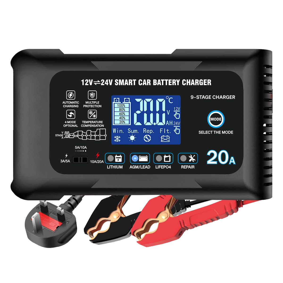 Haisito Caricabatteria per auto da 20 A, 12 V 24 V 20 A, caricabatterie di mantenimento e dispositivo di desolforazione, adatto per litio, LiFePO4, piombo acido (AGM, gel, ecc.) moto, auto, barche