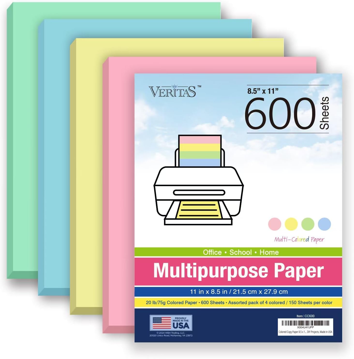Colored Copy Paper 8.5 x 11, Letter Size Printer Paper, 600 Sheets (150 Each of Pink, Green, Blue, Yellow), Jam-Free, Bulk Pastel Colored Paper for Arts & Crafts, DIY Projects, Made in USA