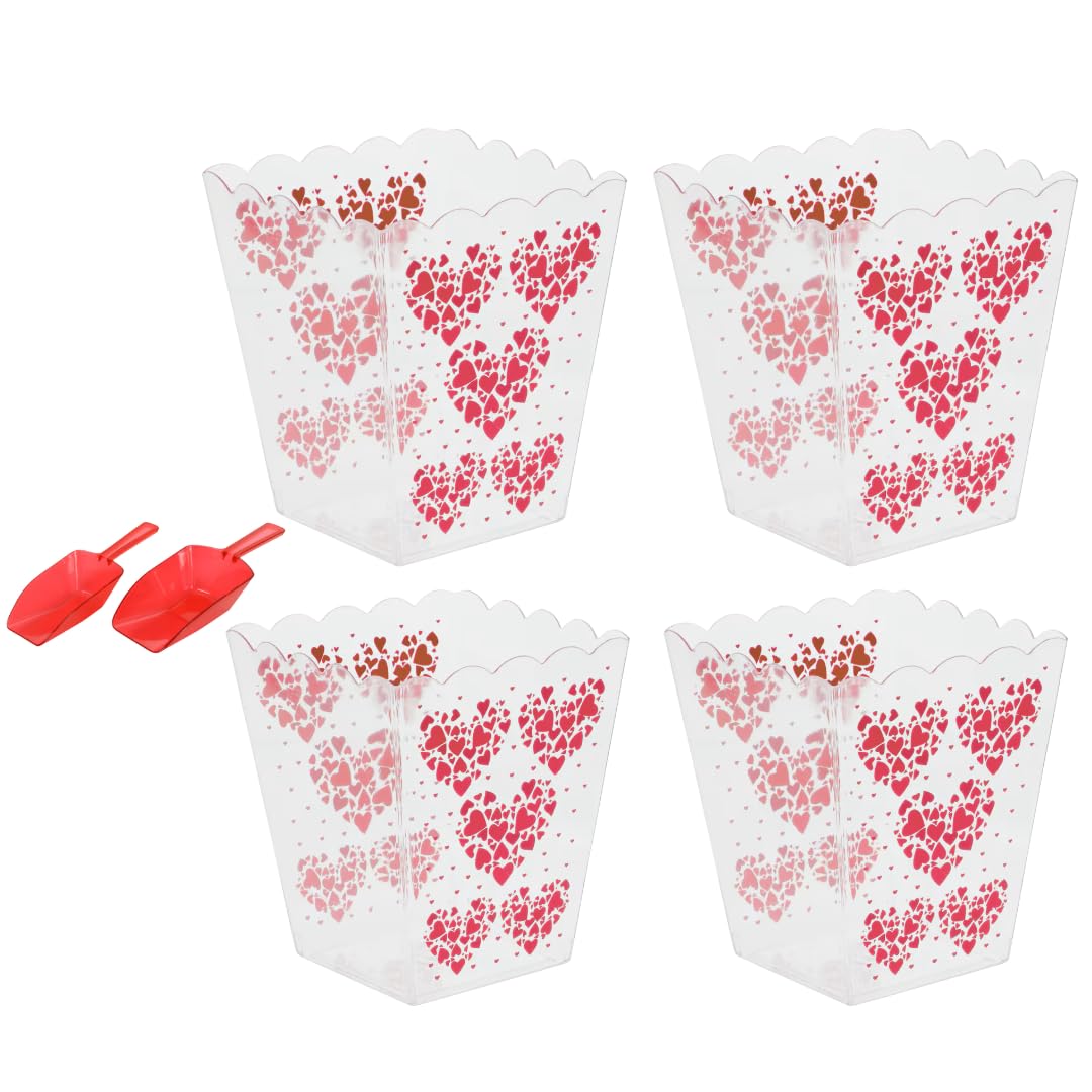 Set of 4 Valentine's Day Red Heart Popcorn Buckets with Scooper for Romantic Movie Nights or Galentine's Day Parties