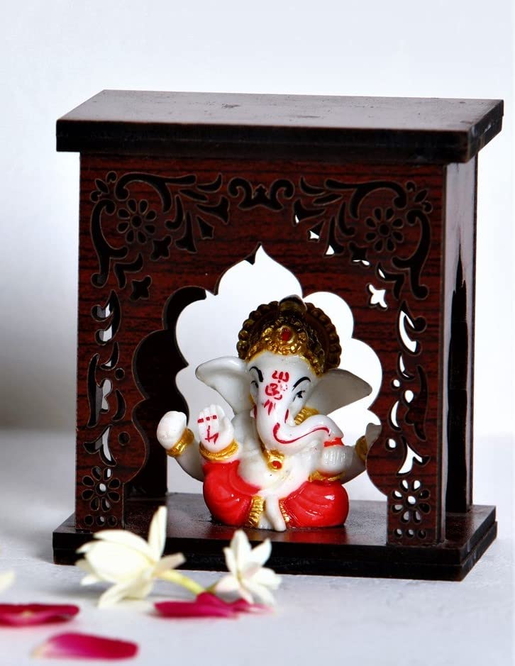 Image of Expleasia, Exuberant & Luxury Decor Mukut Ganesha Idol with Wooden Temple for Home mandir| Temple| car Dashboard| Gift Items | Festival Item| showpiece| Temple Decor