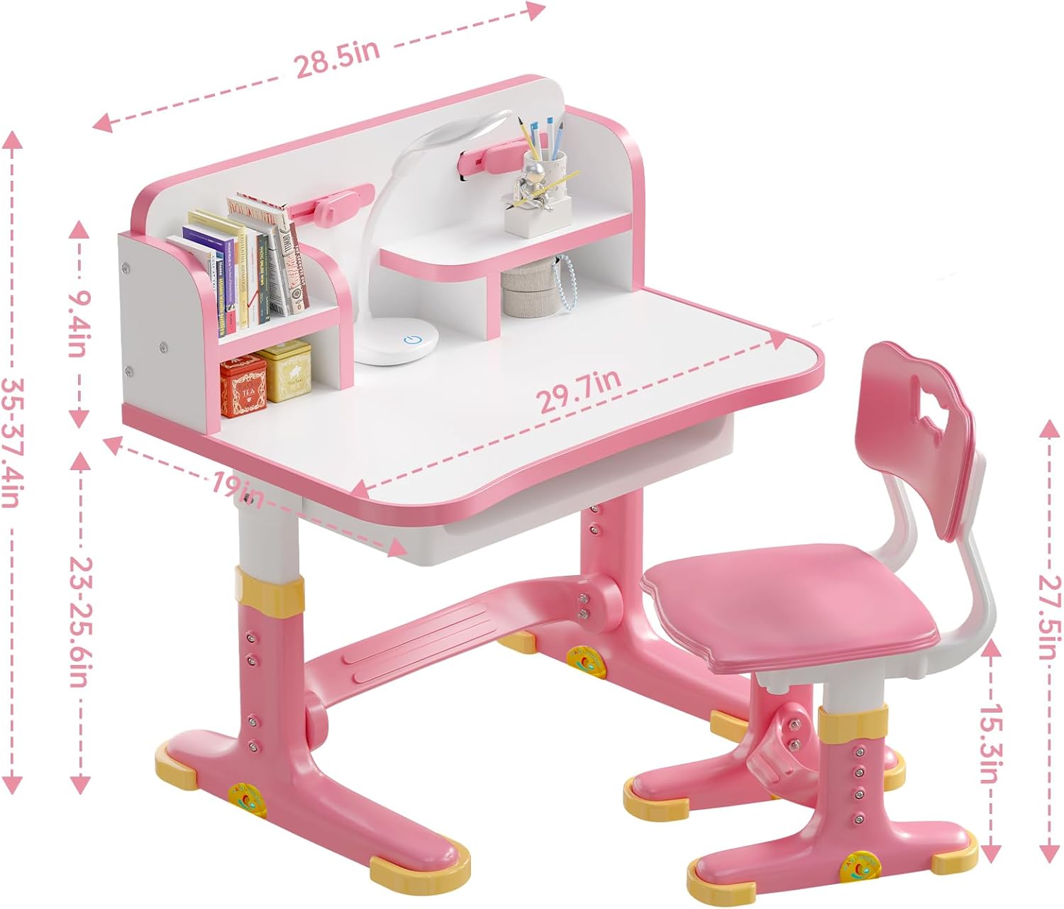kids desk and chair set, height adjustable child's school study writing tables, kids desk with bookstand and storage drawer, widened desktop with desktop for boys and girls pink-b
