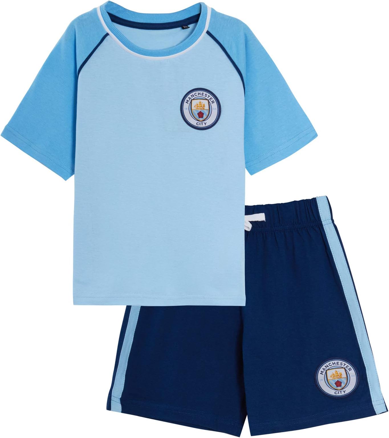 โ MANCHESTER CITY Kids FC Short Pyjamas Boys Premiership Football Club Kit Shortie PJs Shorts + T-Shirt Set