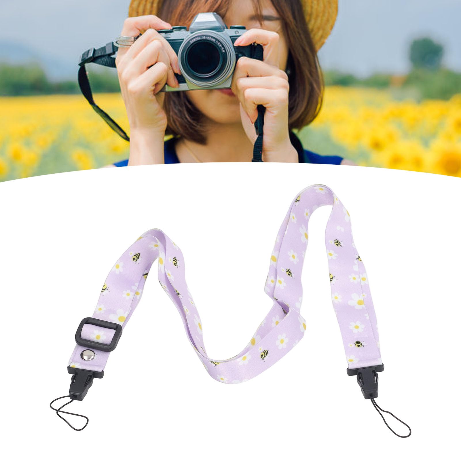 Courroie de Cou pour Appareil Photo, 1,2 M Motif imprimé Caméra Cou Bandoulière Réglable Sangle D'Appareil Photo pour Mini 12 11 8 9 Appareil Photo (Marguerite Violette)