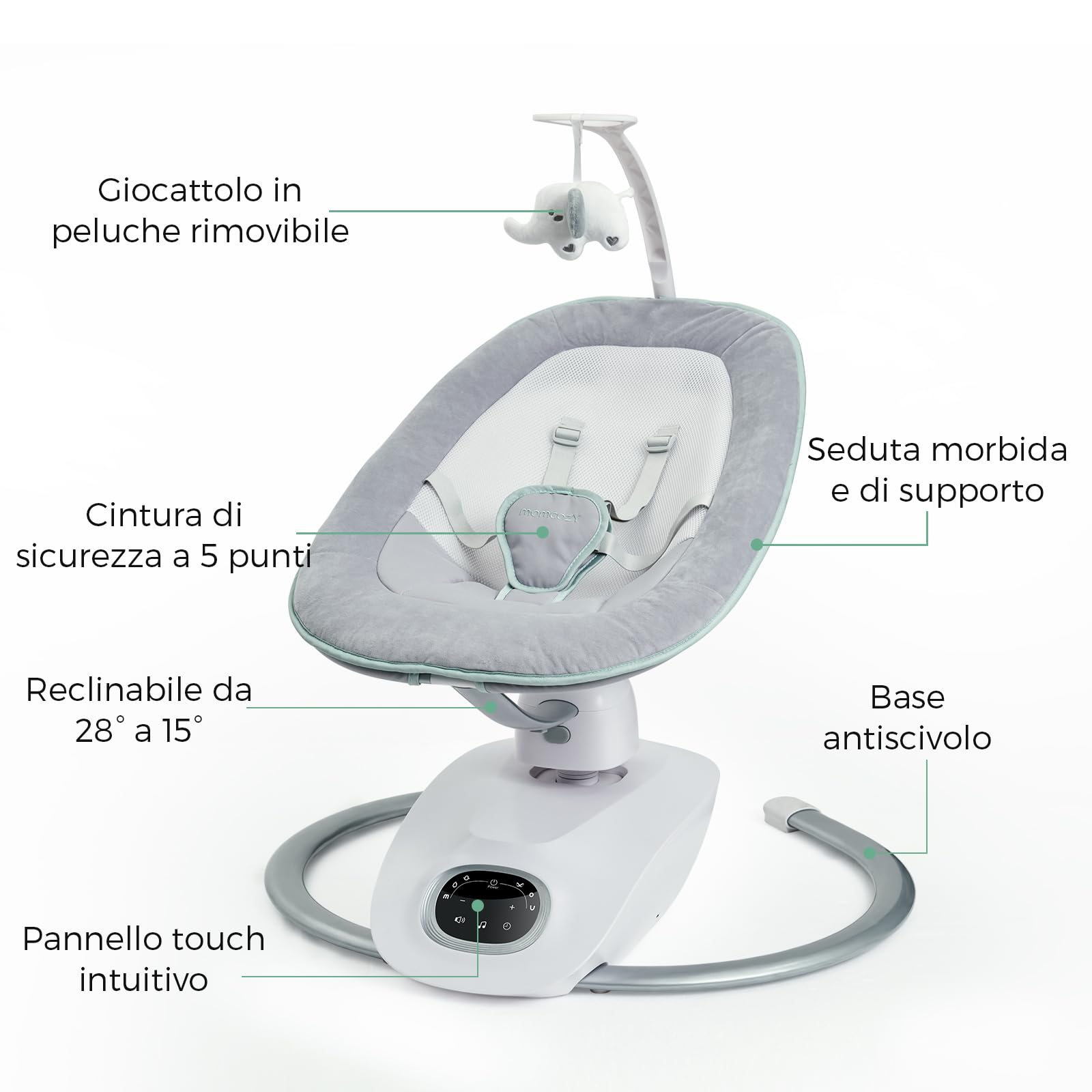 Momcozy CocoSway - Dondolo elettrico 3D-Motion per neonati e bambini, 6 modalità, 4 velocità, sedile girevole 180°, telecomando, lettini e altalene, 5 imbracature, 8 ninne, grigio