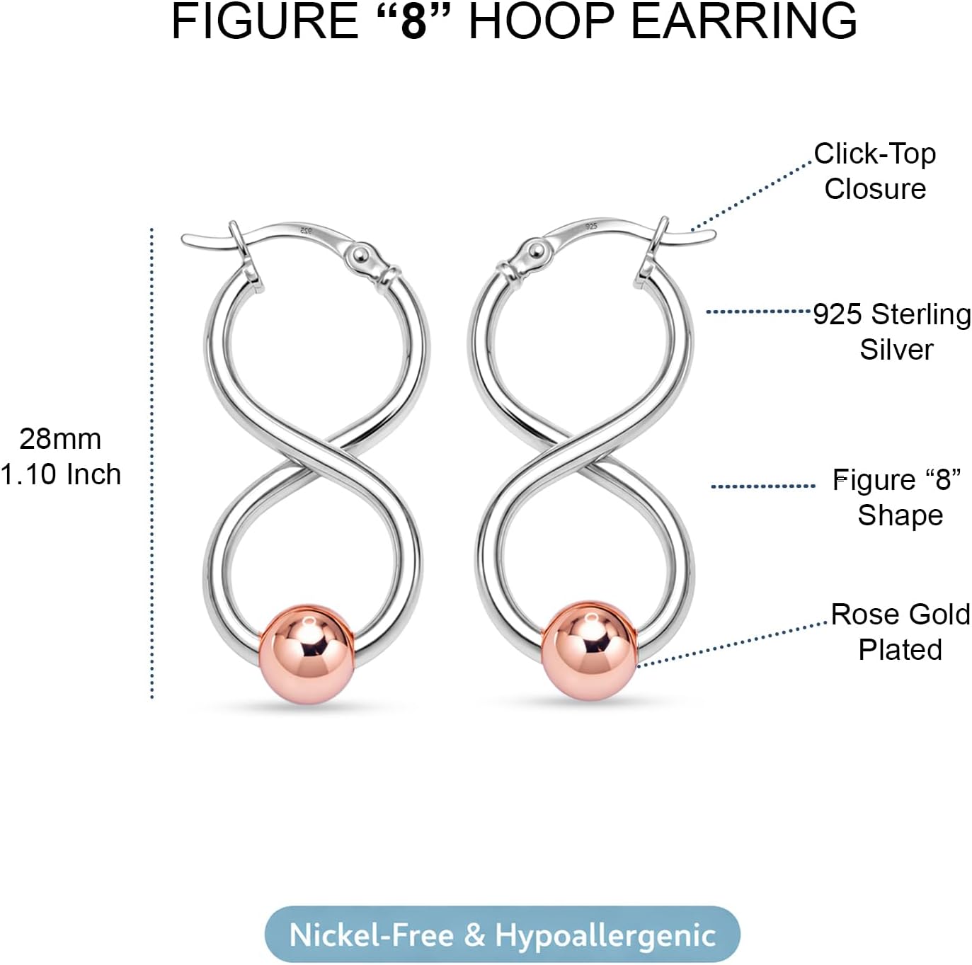 LeCalla 925 Sterling Silver Beaded Hoop Earrings for Women | Classic Infinity Figure 8 Twisted Ball Bead Click-Top Hoops | Lightweight Hypoallergenic Silver Hoop Jewelry