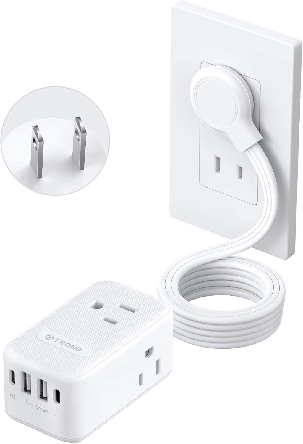 TROND 2 Prong Power Strip - 2 Prong to 3 Prong Outlet Adapter, 20W USB C Flat Plug Power Strip, 10FT Ultra Flat Extension Cord, 1250W, 3 Outlets & 4 USB, Wall Mount, 3-Side Design, Ideal for Old House
