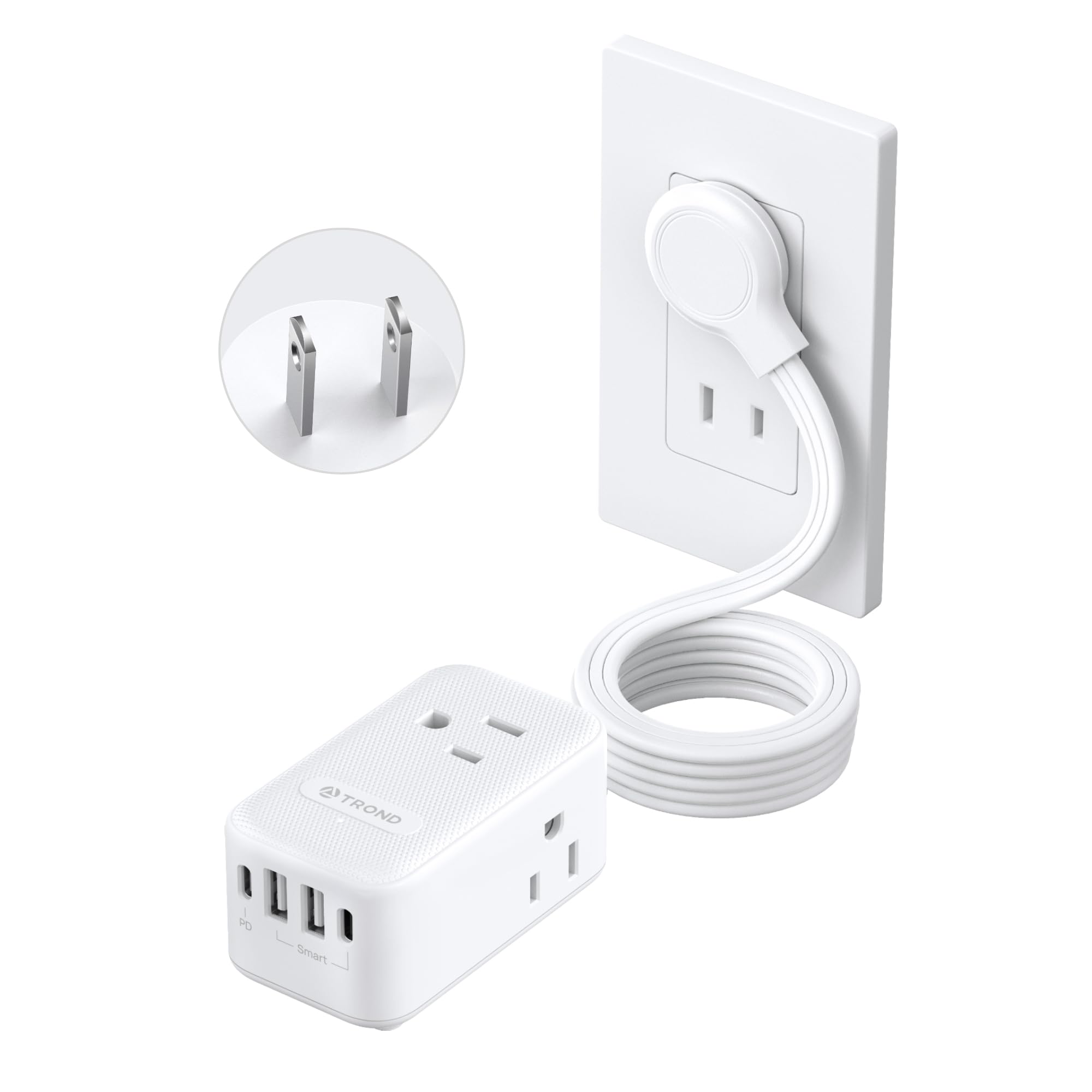 TROND 2 Prong Power Strip - 2 Prong to 3 Prong Outlet Adapter, 20W USB C Flat Plug Power Strip, 10FT Ultra Flat Extension Cord, 1250W, 3 Outlets & 4