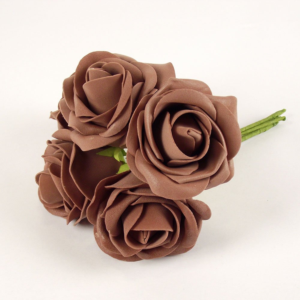Meena Supplies Large 7cm Colourfast Foam Roses with Leaf Brown - Artificial Flowers