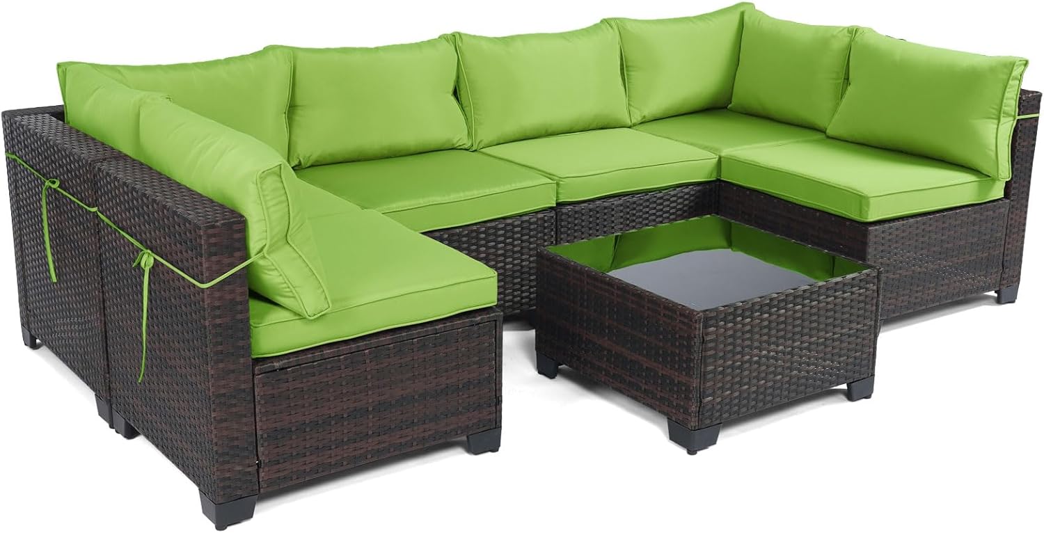 LEVELEVE 7 Pieces Outdoor Patio Furniture Sets,Rattan Conversation Sectional Set,Manual Weaving Wicker Patio Sofa with Tea Table