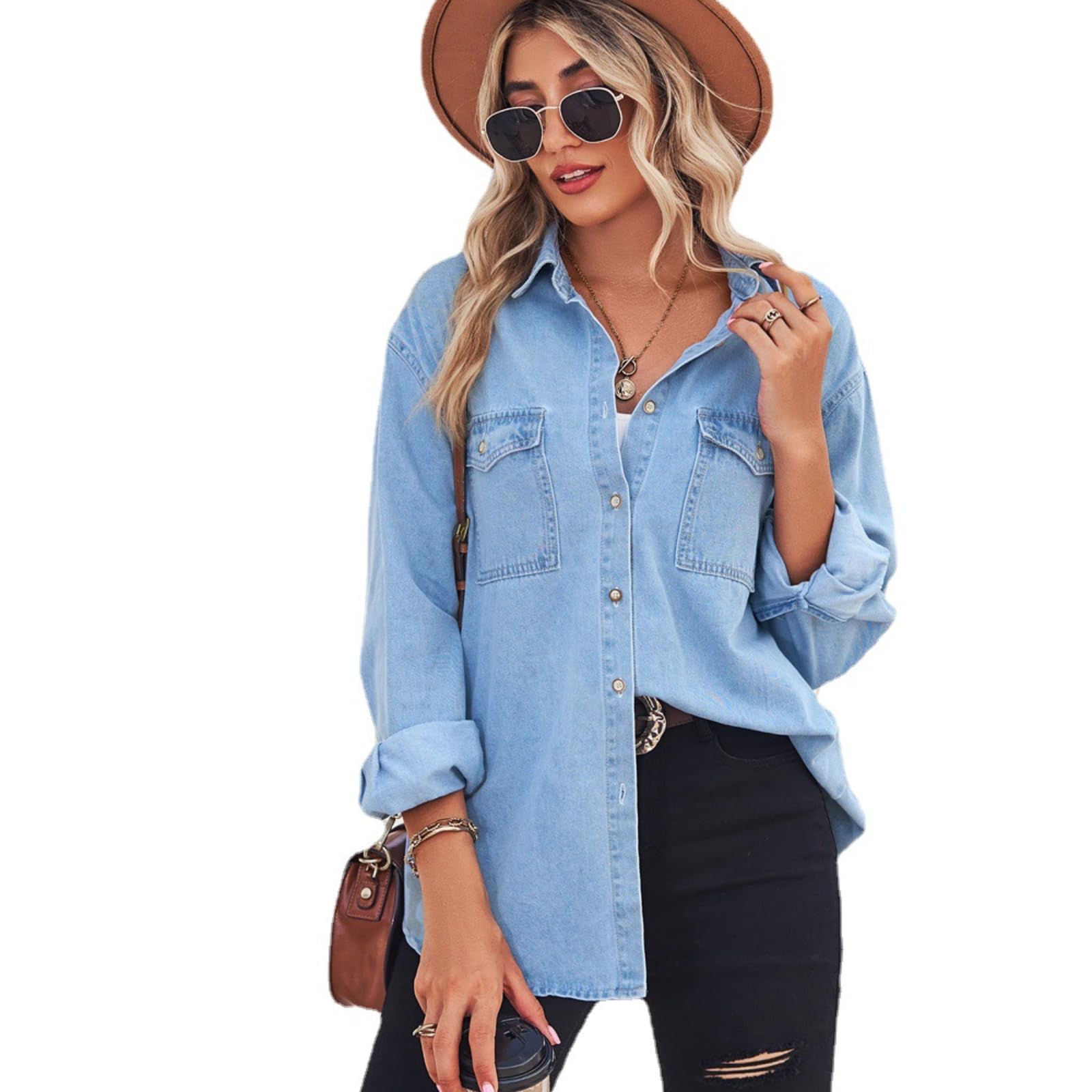 Chemise En Jean Femme Vetinee - Manches Longues - Style Western Décontracté - 100% Coton - Taille Oversize