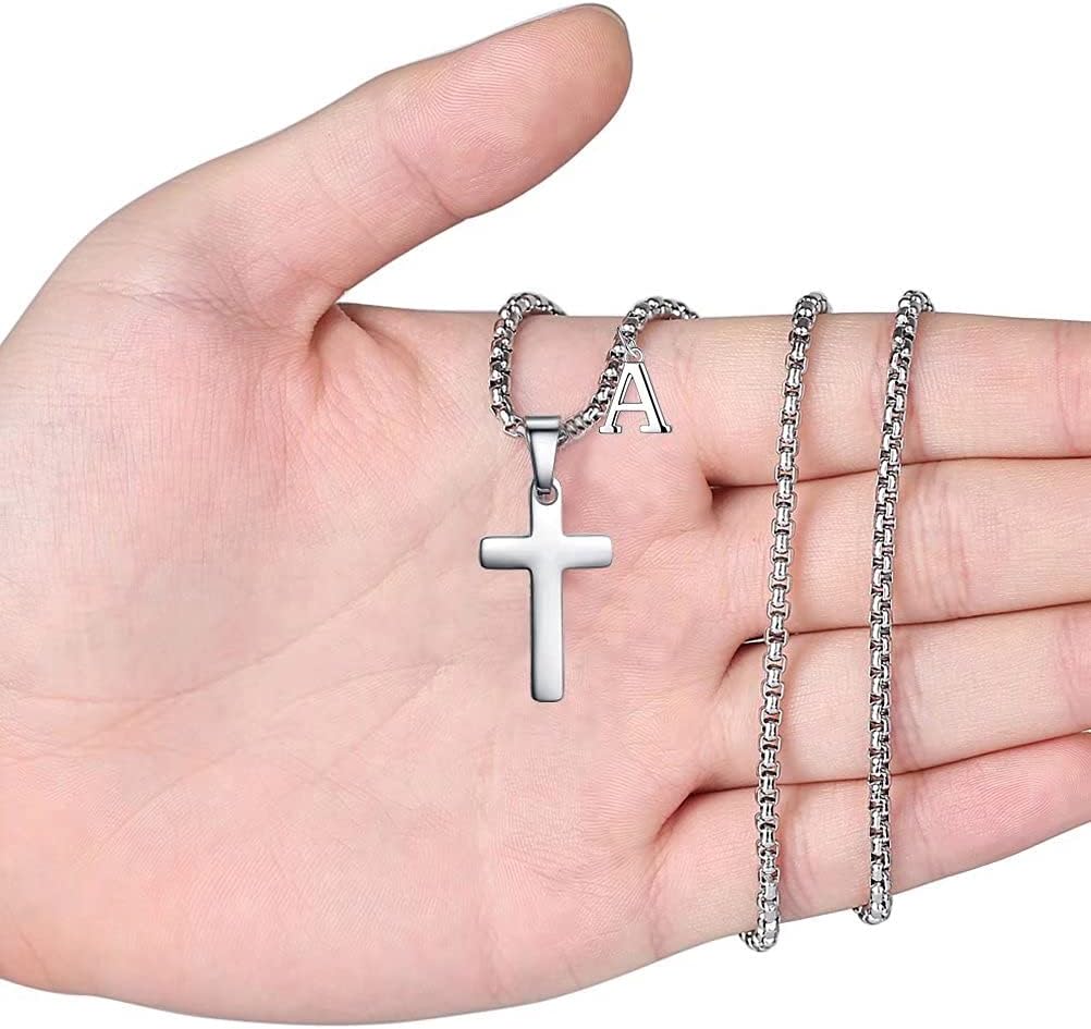 Initial Cross Necklace for Boys Men - Stainless Steel Initial Letter Cross Pendant Jewelry First Communion Baptism Gifts