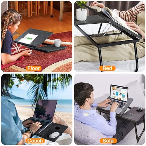 مكتب لاب توب قابل للطي، طاولة صينية سرير محمولة للاب توب بارتفاع قابل للتعديل وقابلة للإمالة، حامل مكتب للحضن غير قابل للانزلاق للتابلت مع حامل أكواب، مكتب للعمل والقراءة والدراسة وتناول الطعام، طاولة