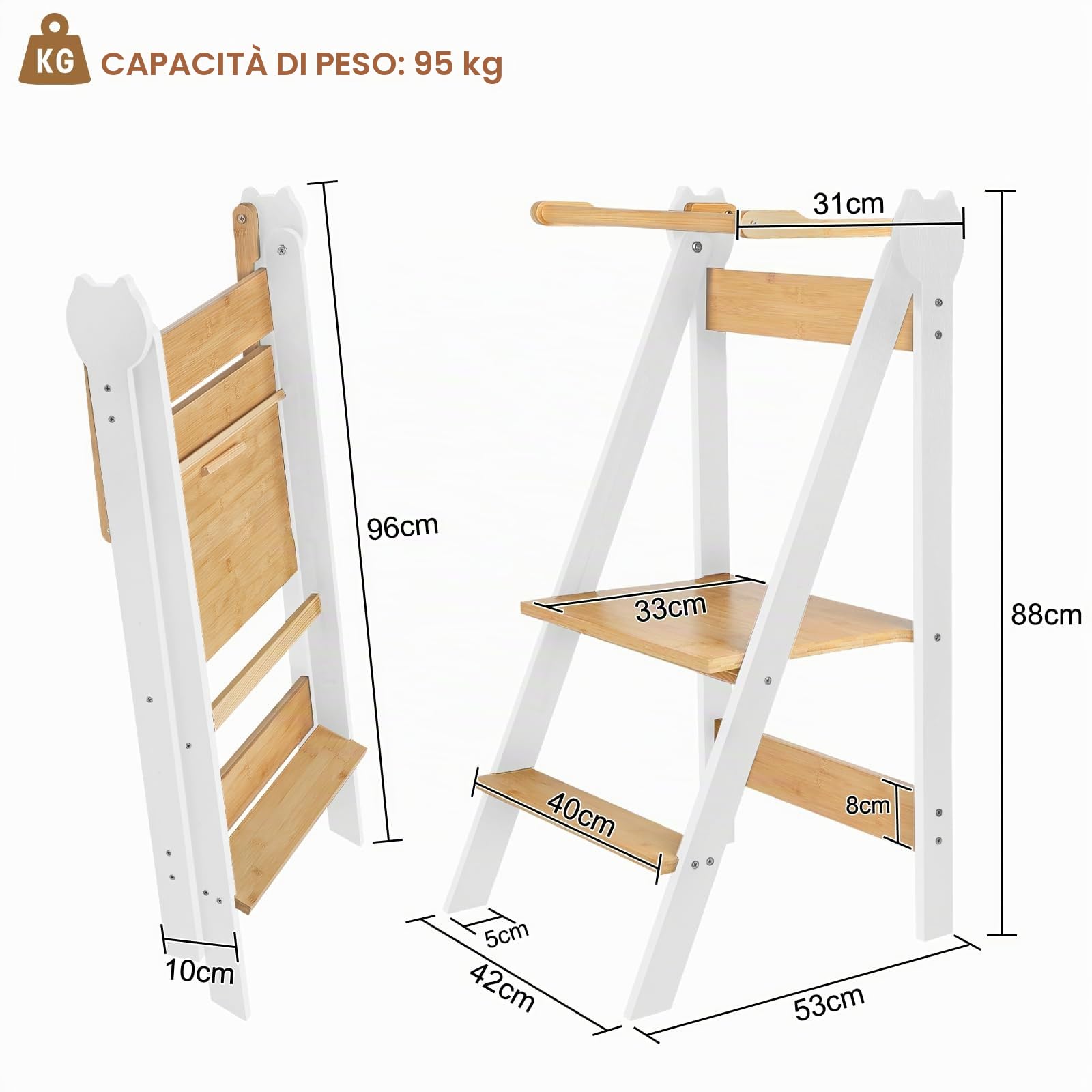 Torre Montessori di apprendimento, Pieghevole Multiuso, Torre di apprendimento a partire da 1 anno, Gradino, Scala per Bambini, 88 * 45 * 45 cm - Bianco