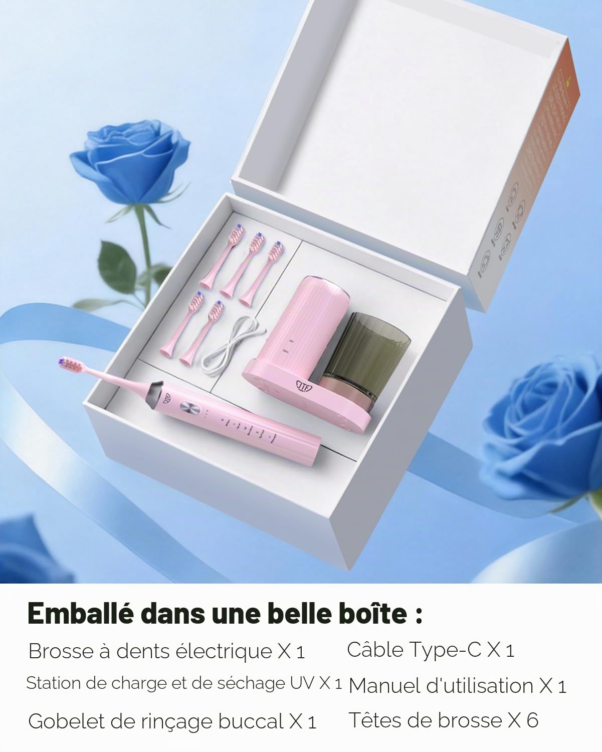 JTF Brosse à Dents Électrique Sonique avec Nettoyage et Séchage UV, 5 Modes de Nettoyage, 6 Têtes de Brosse de Rechange, Gobelet, Station de Charge Sans Fil pour La Maison et Les (Rose)