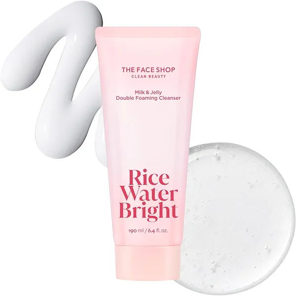 The Face Shop Rice Water Bright Double Foaming Cleanser, 2-in-1 Milky and Jelly Texture, Gentle Face Wash for Hydrating & Moisturizing, Makeup Remover, Korean Skin Care, Vegan, 6.4 fl. oz.