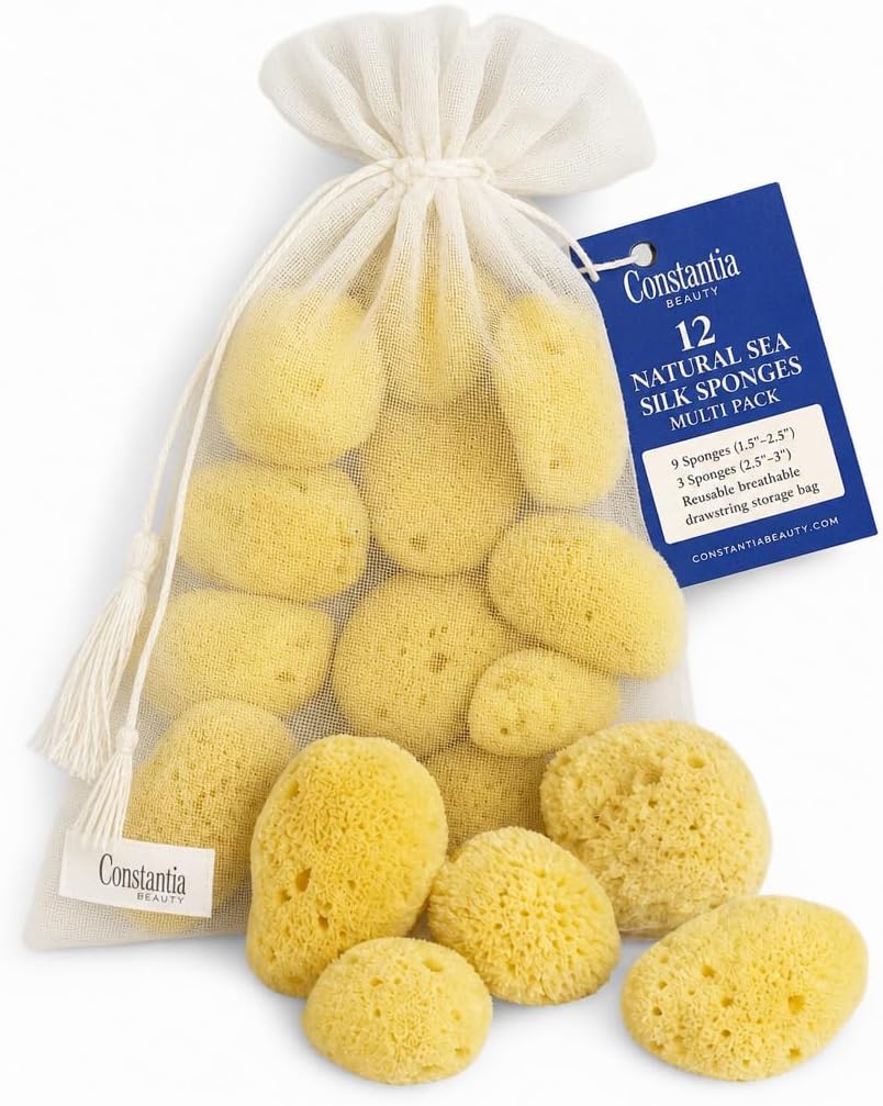 Natural Sea Silk Sponges 12pk: Size 1.5"-3" Like Cotton Balls, for Cosmetic Use, Makeup Application & Removal, Face & Eye Cleaning, with Luxury Gift Bag by Constantia Beauty